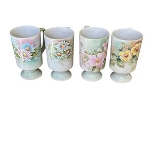 Vintage Handpainted Floral Ceramic Tall Footed Pedestal Mugs (4) Signed RARE 80s